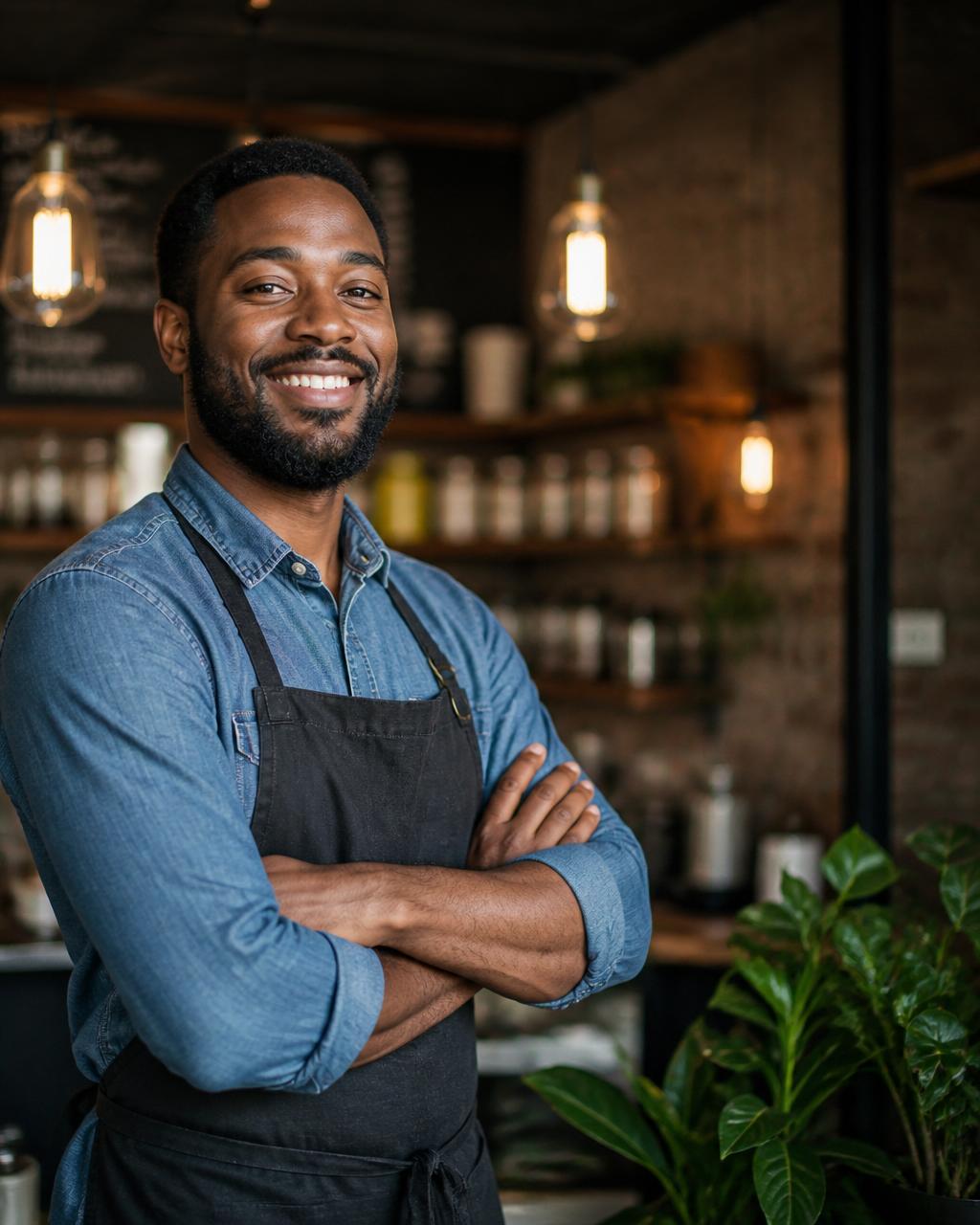 A small-business owner standing inside his neighborhood restaurant